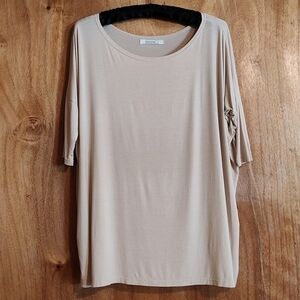 Julie Billiart Cozy Bamboo Tee Beige Boxy Dolman Sleeve Neutral Stretch Size S